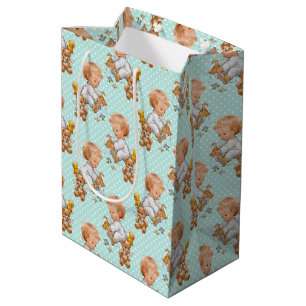 Sacola Para Presentes Média Bolinhas VERDES E BRANCAS COM UM BEBÊ BONITO