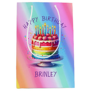 Sacola Para Presentes Média Bolo Arco-Íris Feliz Aniversário