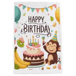 Sacola Para Presentes Média Bolo de Aniversário do Macaco Fofo