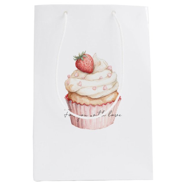 Sacola Para Presentes Média Bolo de Morango com Corações Rosas   (Frente)