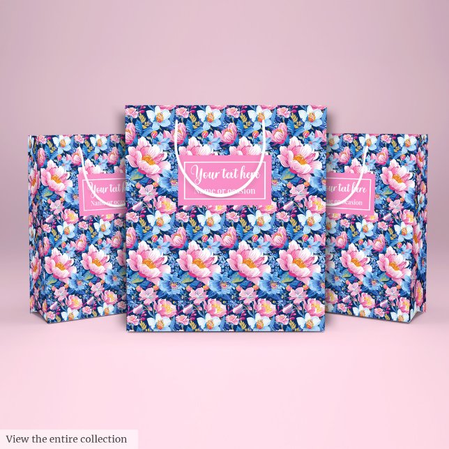 Sacola Para Presentes Média Bolsa de presente de nome personalizado azul-bebê  (Trendy baby blue and hot pink custom name gift bag)