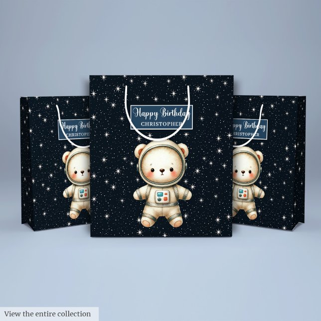 Sacola Para Presentes Média Bolsa de Presente do Garoto do Astronauta do Ursin (Personalized Teddy Astronaut Boy Birthday Gift Bag)