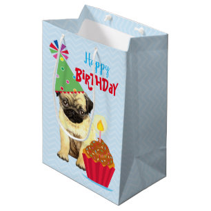 Sacola Para Presentes Média Bolsa de Presente Média de Aniversário Pug Cupcake