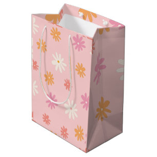 Sacola Para Presentes Média Bolsa Floral de Presente Rosa e Margarida Laranja