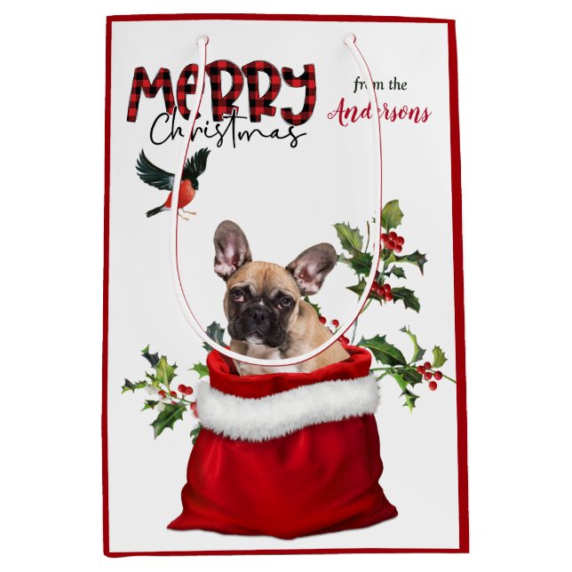 Sacola Para Presentes Média Bom Natal para o Buldogue Francês (Frente)