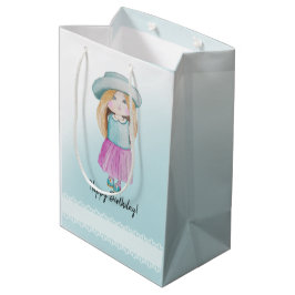 Sacola Para Presentes Média Boneca Azul, Bonita, Feliz Aniversário, Aquarela