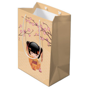 Sacola Para Presentes Média Boneca Ume Kokeshi - Garota Geisha Japonesa Amarel