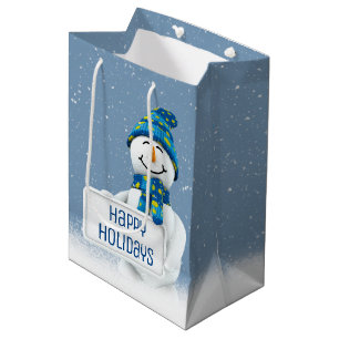 Sacola Para Presentes Média Boneco de Neve com Placa na Neve