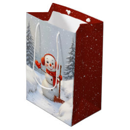 Sacola Para Presentes Média Boneco de Neve de Natal Com Pás Vermelhas