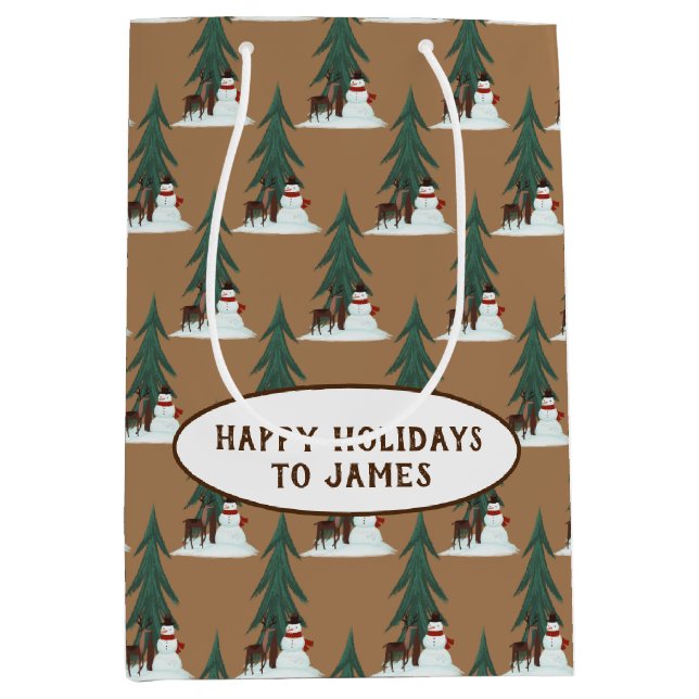 Sacola Para Presentes Média boneco de neve e veado na neve (Frente)