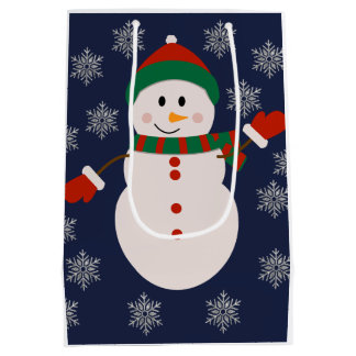 Sacola Para Presentes Média Boneco de Neve Fofo com Flocos de Neve Prateados D