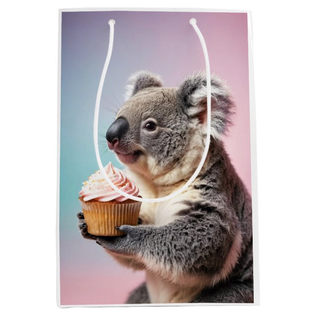 Sacola Para Presentes Média Bonita Koala Com Gradiente De Pastel Cupcake (Frente)
