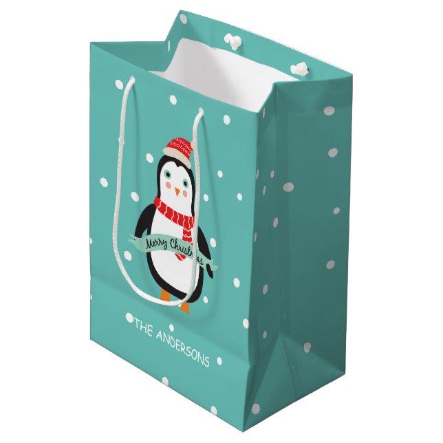 Sacola Para Presentes Média Bonita Penquin "Feliz Natal" Personalizada (Frente inclinada)