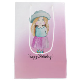 Sacola Para Presentes Média Bonitinha Rosa Pinta Feliz Aniversário Aquarela