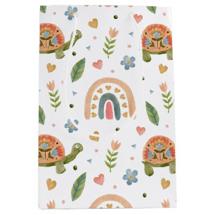 Sacola Para Presentes Média Bonito Aquarela Tartaruga e Padrão Arco-Íris