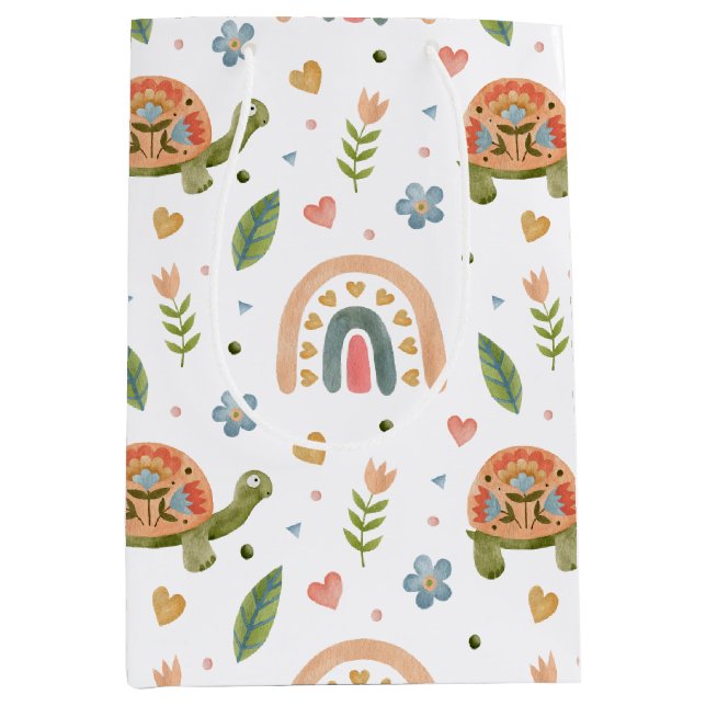Sacola Para Presentes Média Bonito Aquarela Tartaruga e Padrão Arco-Íris (Frente)