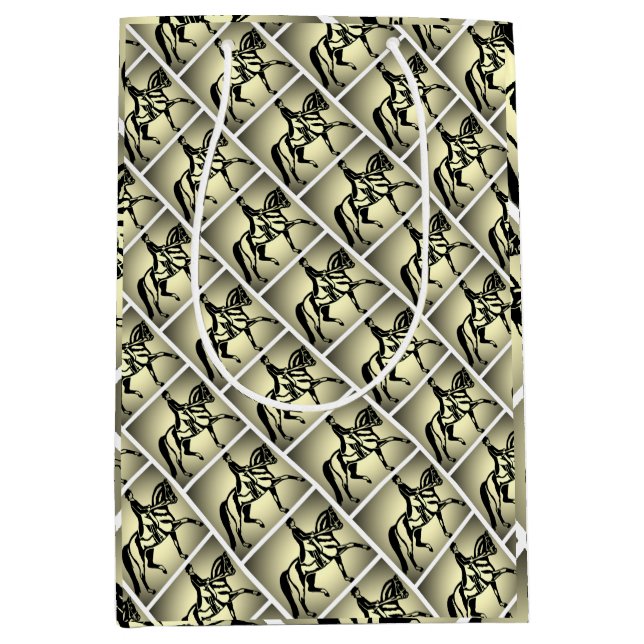 Sacola Para Presentes Média Bonito Cavaleiro de Dresagem Dourado (Frente)
