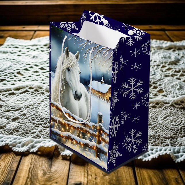 Sacola Para Presentes Média Bonito Cavalo Branco Fazenda Festiva Natal (Criador carregado)