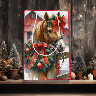 Sacola Para Presentes Média Bonito Cavalo Marrom no Natal Arco Vermelho