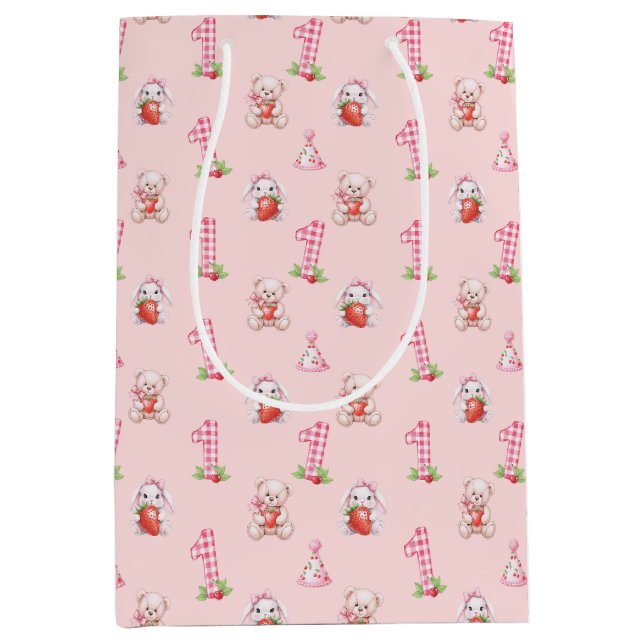 Sacola Para Presentes Média Bonito Gingham Rosa, Bunnies e Ursos! (Frente)