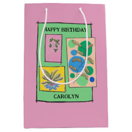 Sacola Para Presentes Média Bonito rabisco, 3 plantas, rosa, nome de aniversár