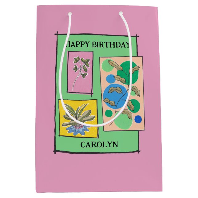 Sacola Para Presentes Média Bonito rabisco, 3 plantas, rosa, nome de aniversár (Frente)