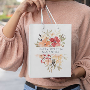 Sacola Para Presentes Média Bonito rosa Floral Aniversário Personalizado