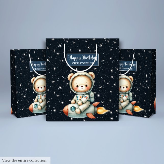 Sacola Para Presentes Média Bonito Ursinho Astronauta Gift Bag para o Astronau (Cute Teddy Astronaut Gift Bag for Birthday Boy)