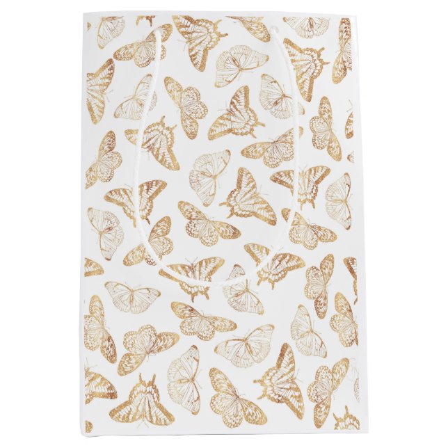 Sacola Para Presentes Média Borboleta Dourada Elegante (Frente)