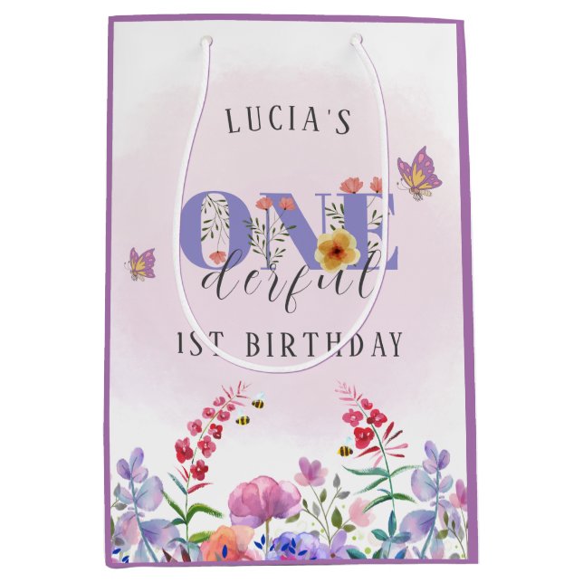 Sacola Para Presentes Média Borboleta E Abelhas Maravilhosas De Flor Selvagem  (Frente)