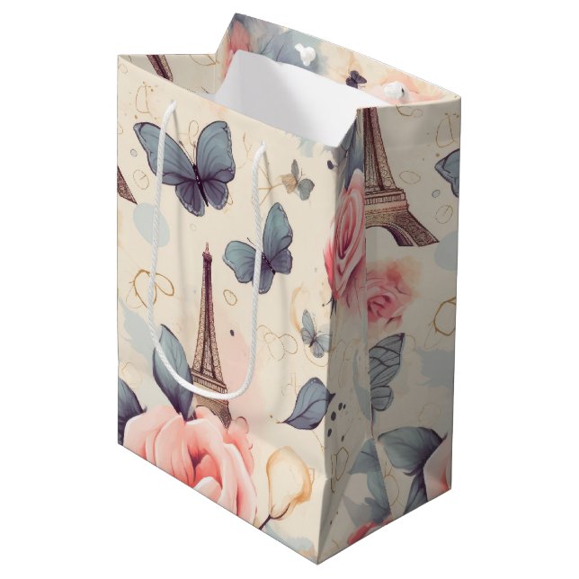 Sacola Para Presentes Média Borboleta e padrão de Rosas da Torre Eiffel (Frente inclinada)