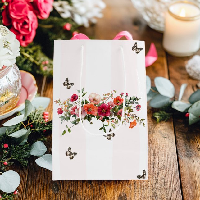 Sacola Para Presentes Média Borboleta Floral Rosa (Floral Butterfly and Pink Stripe gift /bag)