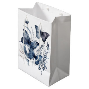 Sacola Para Presentes Média Borboletas de arte brancas e azuis com flores