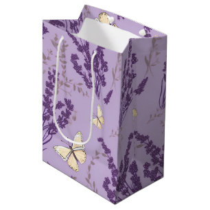 Sacola Para Presentes Média Borboletas de marfim com flores de Lavanda