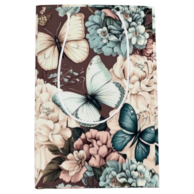 Sacola Para Presentes Média Borboletas e flores decoração castanha (Frente)