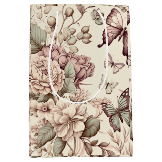 Sacola Para Presentes Média Borboletas e flores decoração pastosa (Frente)