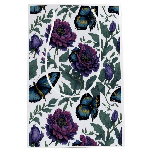 Sacola Para Presentes Média Borboletas florais magenta púrpura de ameixa Elega (Frente)