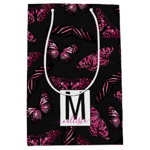 Sacola Para Presentes Média Borboletas Pretas Rosa Monograma Padrão de Aquarel