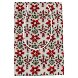 Sacola Para Presentes Média Bordados Florais Vermelho e Branco