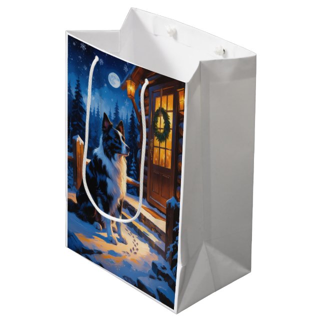 Sacola Para Presentes Média Border Collie Com Luzes De Natal Feriado (Frente inclinada)