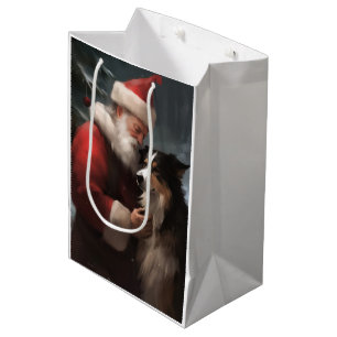 Sacola Para Presentes Média Border Collie Com Papai Noel Natal Festivo