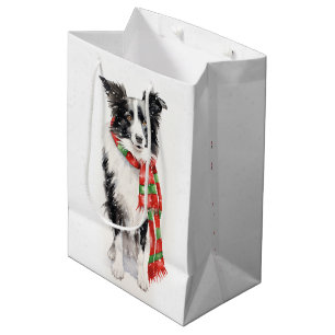 Sacola Para Presentes Média Border Collie de Natal em Flocos de Neve
