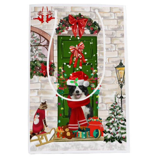 Sacola Para Presentes Média Border Collie Dog Natal (Frente)