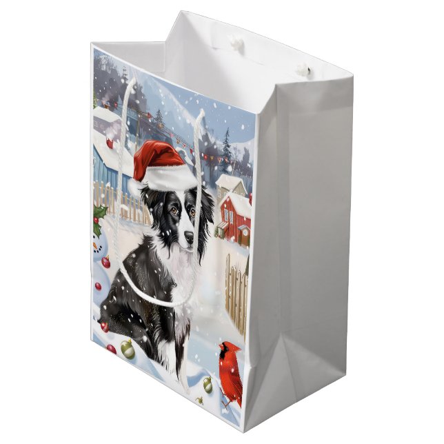 Sacola Para Presentes Média Border Collie Dog Winter Wonderland Natal Joy (Frente inclinada)