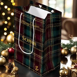 Sacola Para Presentes Média Borgonha, Teal e Natal de Xadrez Dourada