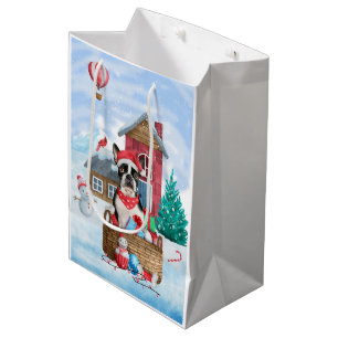 Sacola Para Presentes Média Boston Terrier Dog Na Casa Dos Cachorros De Natal 