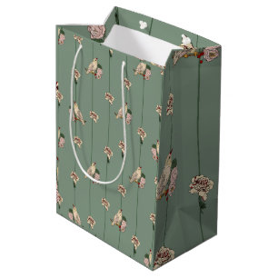 Sacola Para Presentes Média Botânica Elegante com Aves e Flores de Creme