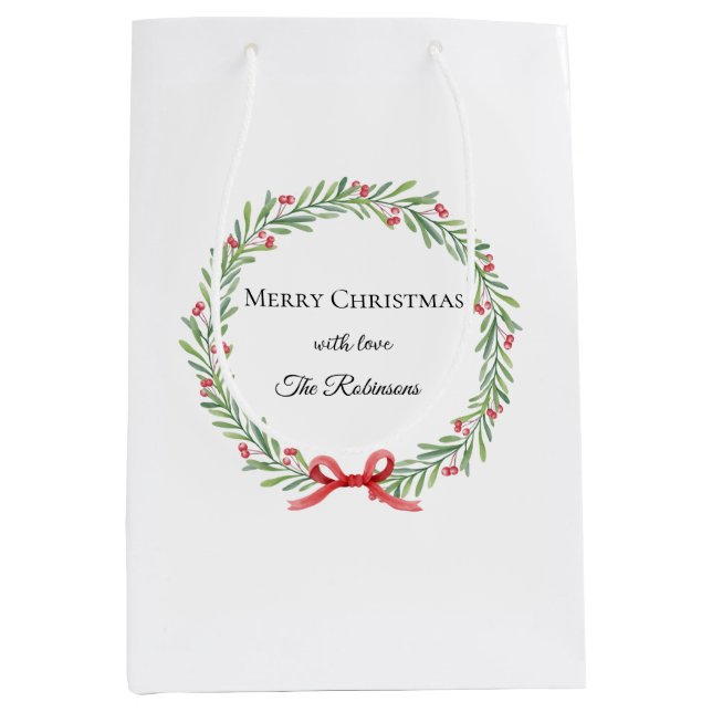 Sacola Para Presentes Média Botanical Christmas Wreath Modern Script (Frente)