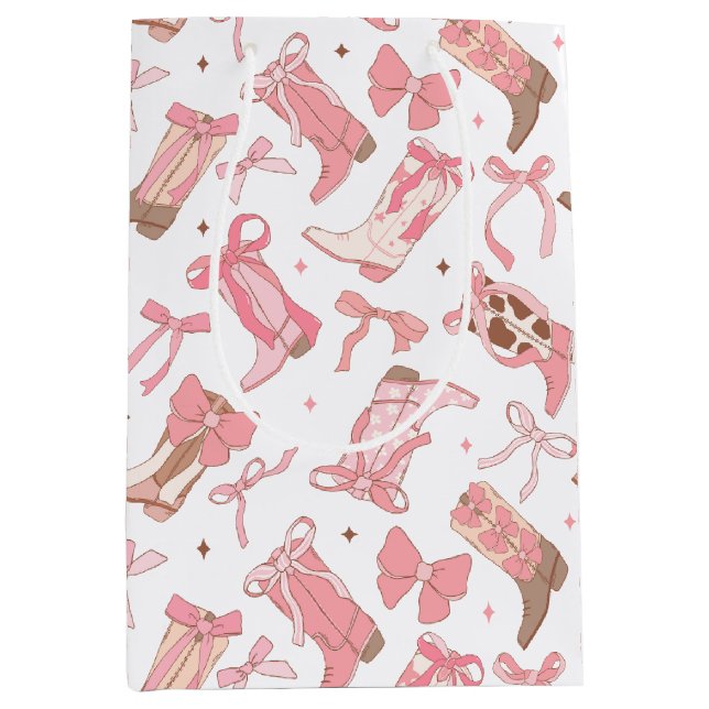 Sacola Para Presentes Média Botas Rosa Western com Laços para Noiva (Frente)