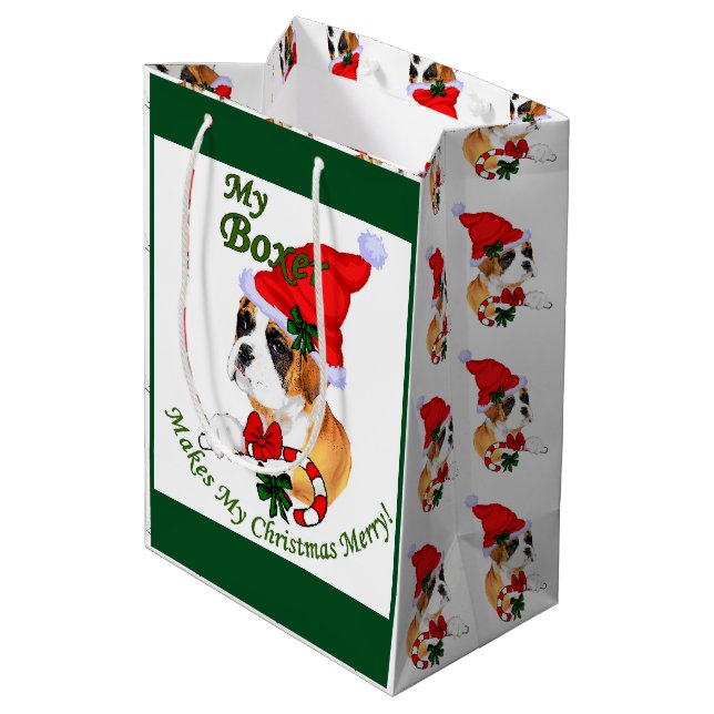 Sacola Para Presentes Média Boxer Dog Feliz de Natal (Verso inclinado)